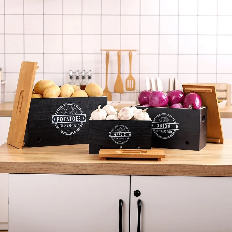 Yorbay 3er-Set Kartoffel-Aufbewahrungsboxen aus Holz, schwarz/weiß