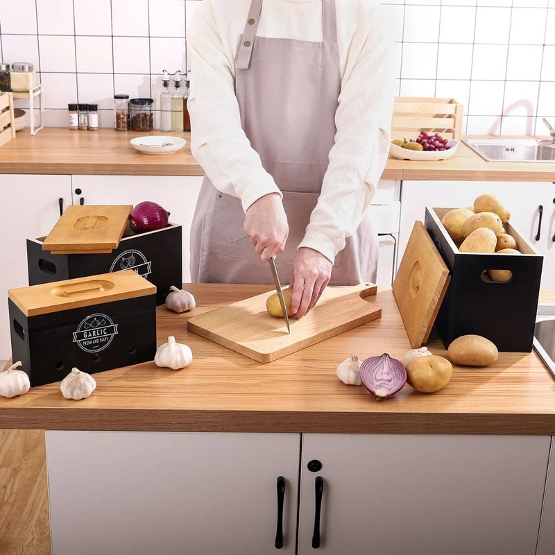 Yorbay 3er-Set Kartoffel-Aufbewahrungsboxen aus Holz, schwarz/weiß