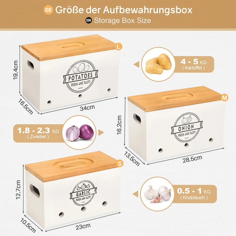 Yorbay 3er-Set Kartoffel-Aufbewahrungsboxen aus Holz, schwarz/weiß