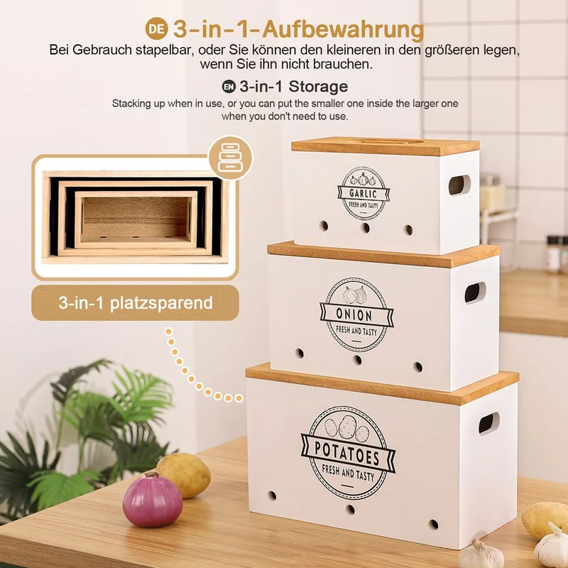 Yorbay 3er-Set Kartoffel-Aufbewahrungsboxen aus Holz, schwarz/weiß