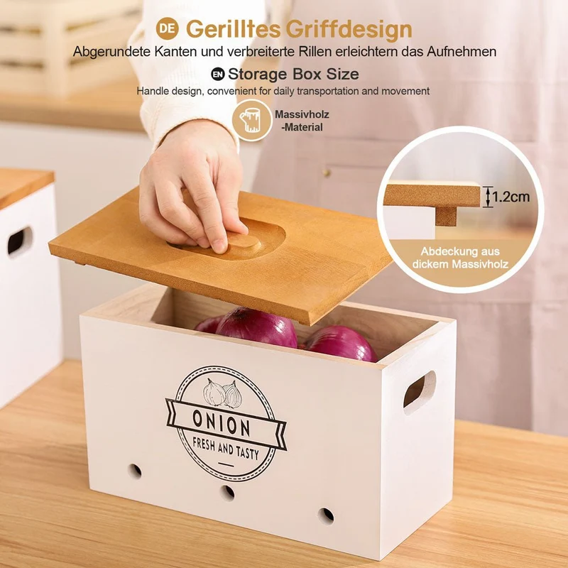Yorbay 3er-Set Kartoffel-Aufbewahrungsboxen aus Holz, schwarz/weiß