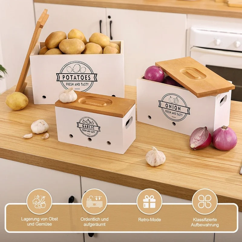 Yorbay 3er-Set Kartoffel-Aufbewahrungsboxen aus Holz, schwarz/weiß