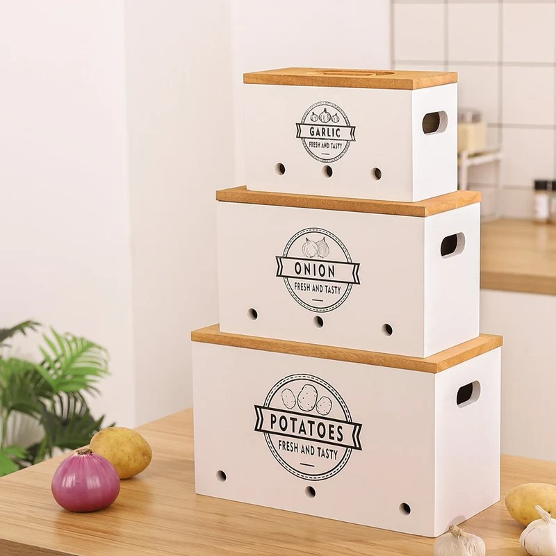 Yorbay 3er-Set Kartoffel-Aufbewahrungsboxen aus Holz, schwarz/weiß