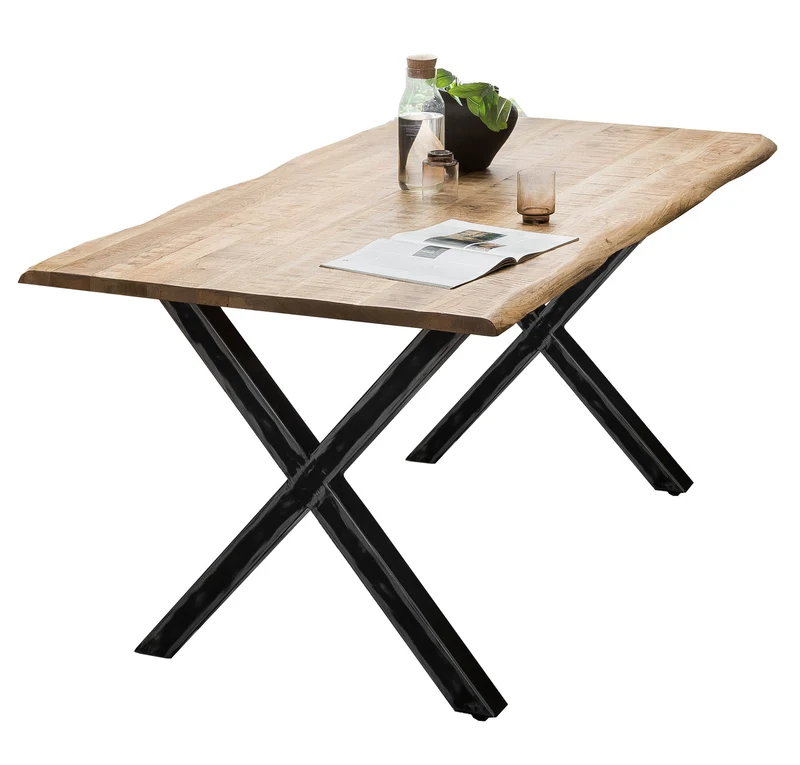 Esstisch Mango massiv mit Baumkante – 160x85 cm, X-Gestell Stahl