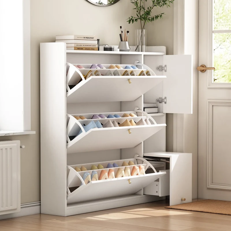 Schuhschrank mit 3 Klappen, 2 Schubladen & Sitzbank, 119 x 24 x 122 cm