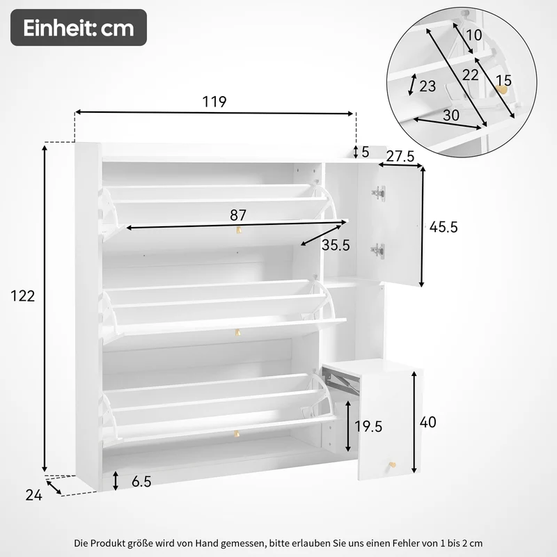 Schuhschrank mit 3 Klappen, 2 Schubladen & Sitzbank, 119 x 24 x 122 cm