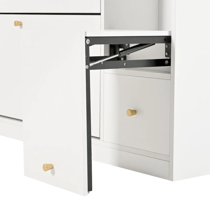 Schuhschrank mit 3 Klappen, 2 Schubladen & Sitzbank, 119 x 24 x 122 cm