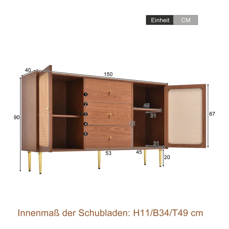 Kommode mit 2 Türen und 3 Schubladen, 90 × 150 × 40 cm