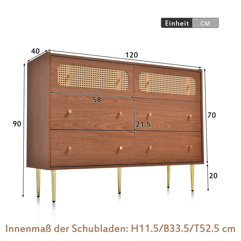 Kommode mit 6 Schubladen, 90 × 120 × 40 cm