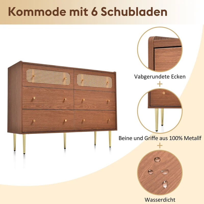 Kommode mit 6 Schubladen, 90 × 120 × 40 cm