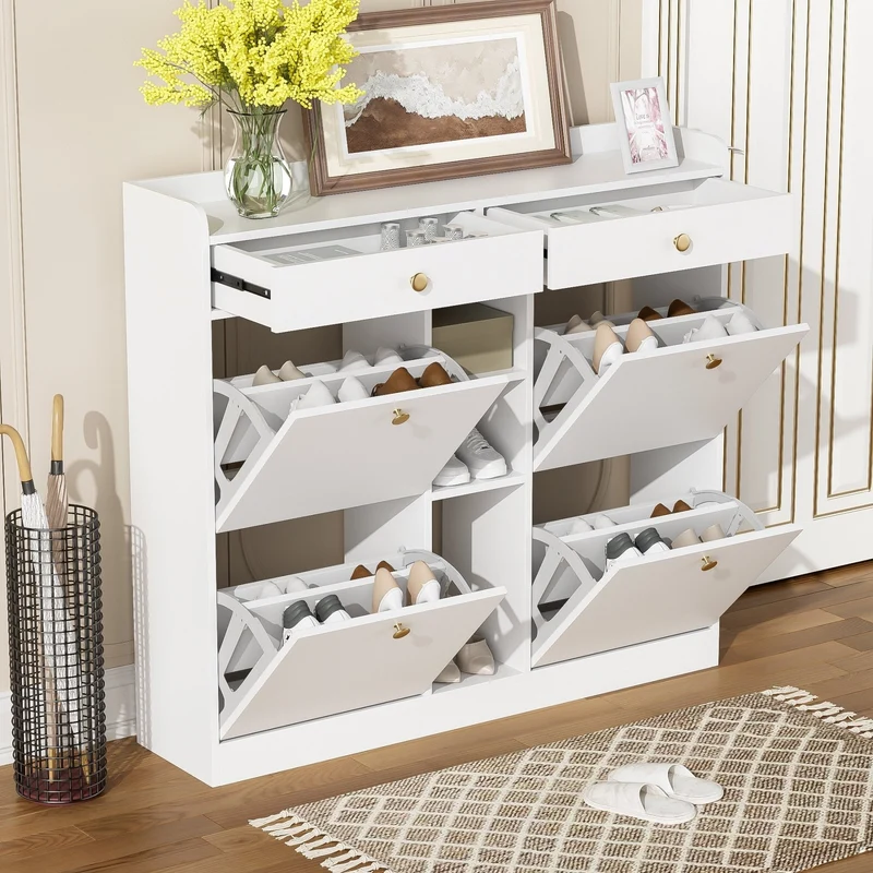 Schuhschrank mit 4 Klappen, 2 Schubladen und 3 Fächern, 110 x 100 x 26 cm