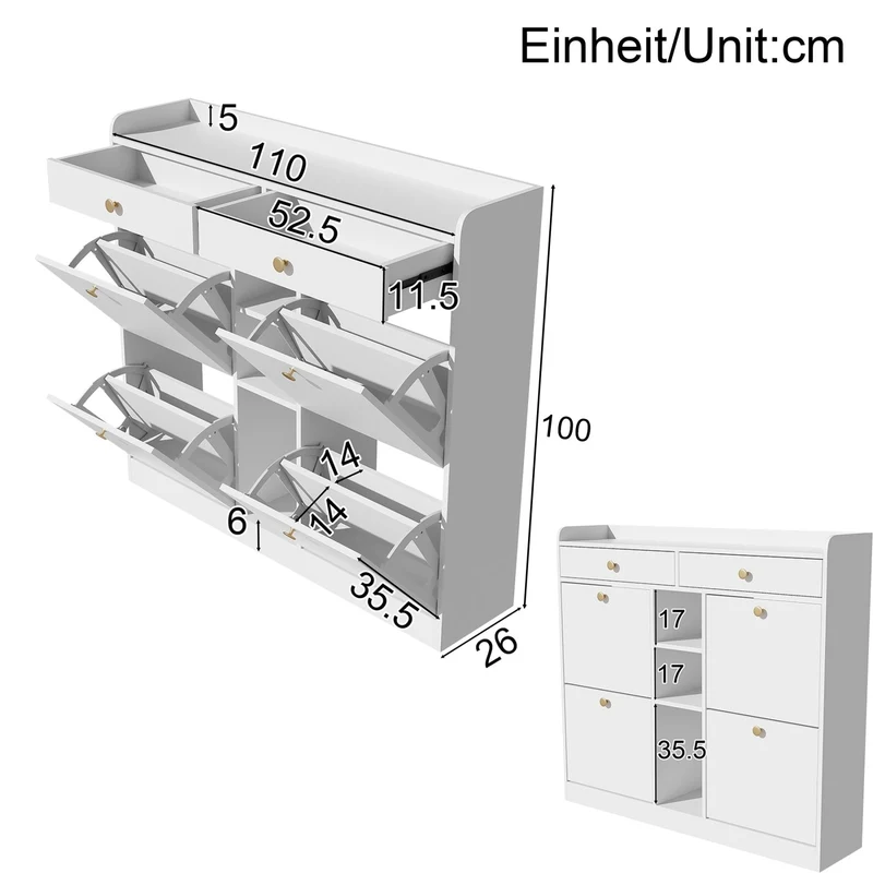 Schuhschrank mit 4 Klappen, 2 Schubladen und 3 Fächern, 110 x 100 x 26 cm
