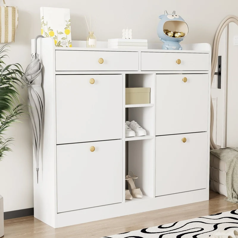 Schuhschrank mit 4 Klappen, 2 Schubladen und 3 Fächern, 110 x 100 x 26 cm