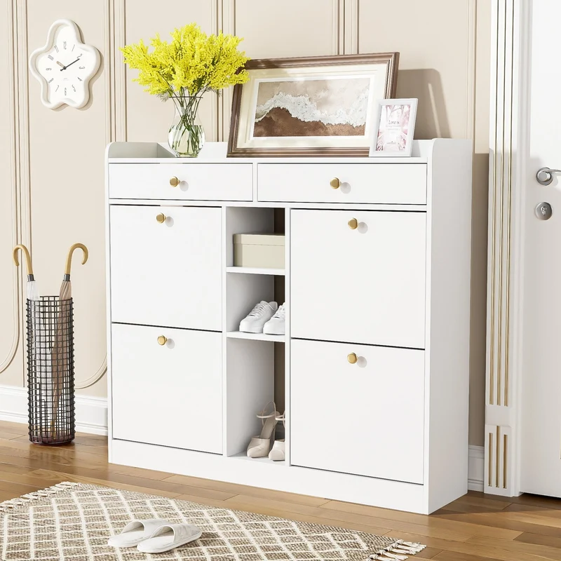 Schuhschrank mit 4 Klappen, 2 Schubladen und 3 Fächern, 110 x 100 x 26 cm