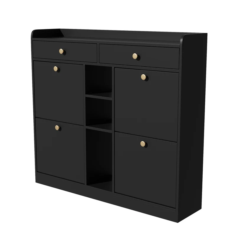 Schuhschrank mit 4 Klappen, 2 Schubladen und 3 Fächern, 110 x 100 x 26 cm
