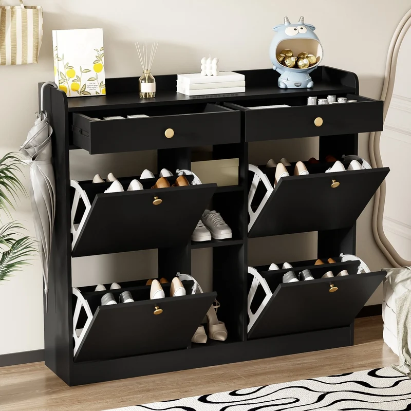 Schuhschrank mit 4 Klappen, 2 Schubladen und 3 Fächern, 110 x 100 x 26 cm
