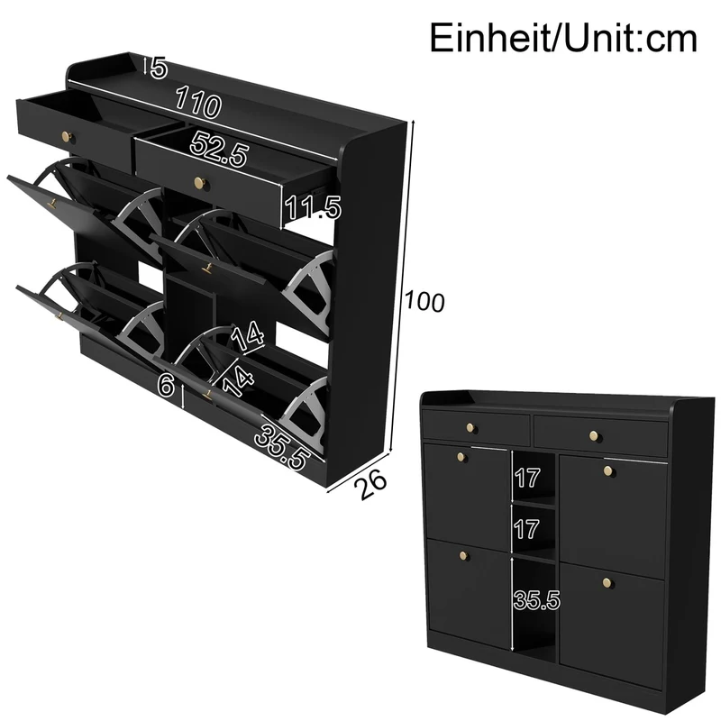 Schuhschrank mit 4 Klappen, 2 Schubladen und 3 Fächern, 110 x 100 x 26 cm