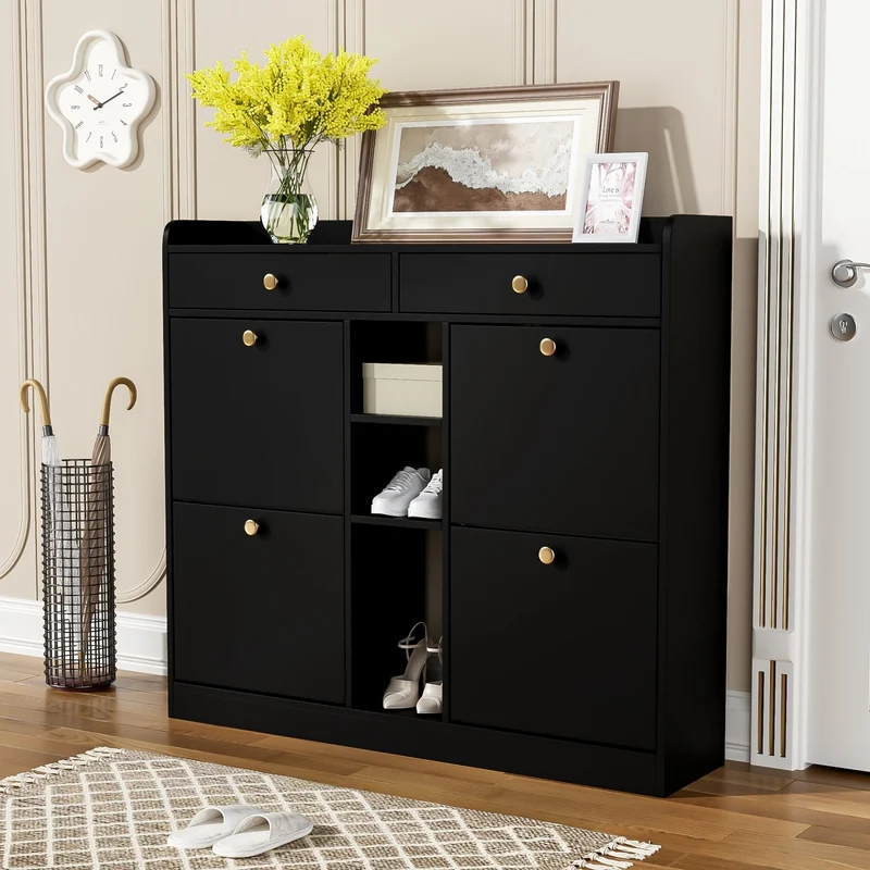 Schuhschrank mit 4 Klappen, 2 Schubladen und 3 Fächern, 110 x 100 x 26 cm