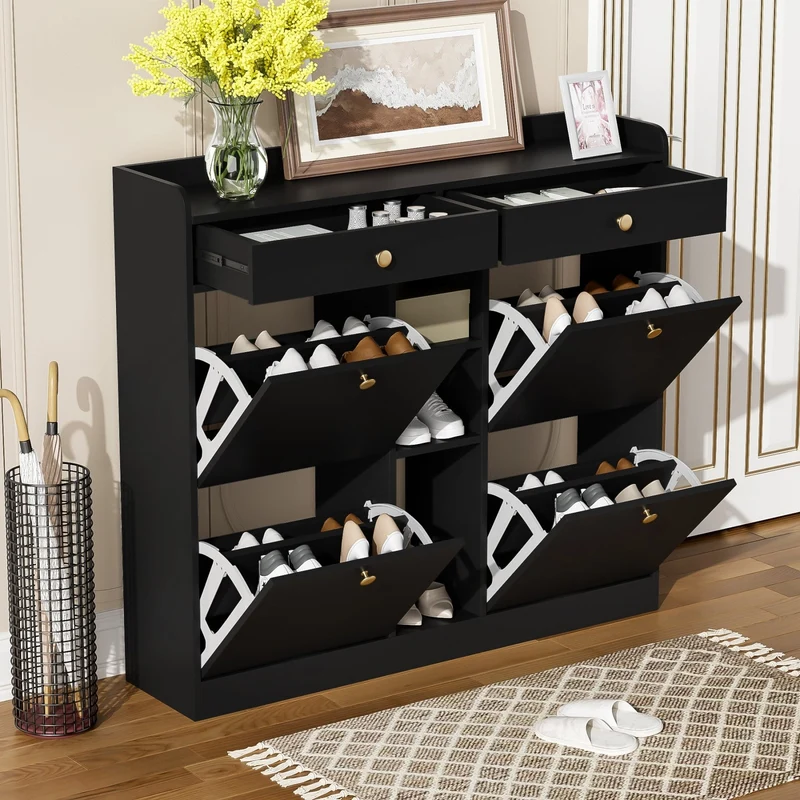 Schuhschrank mit 4 Klappen, 2 Schubladen und 3 Fächern, 110 x 100 x 26 cm