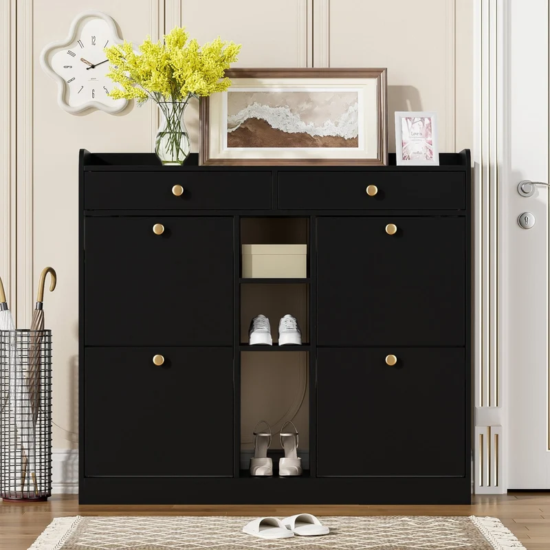 Schuhschrank mit 4 Klappen, 2 Schubladen und 3 Fächern, 110 x 100 x 26 cm