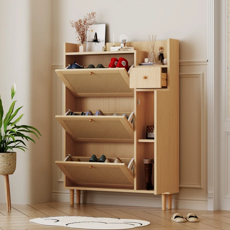 Schuhschrank mit 3 Klappen, 1 Schublade & 4 Fächern, 90 x 125 x 17 cm