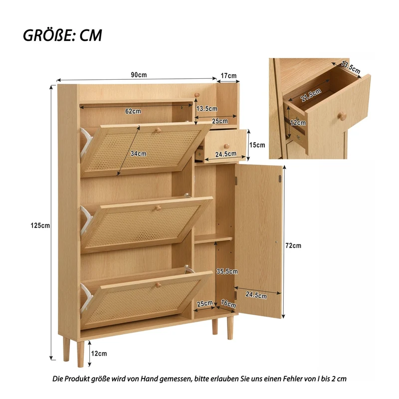 Schuhschrank mit 3 Klappen, 1 Schublade & 4 Fächern, 90 x 125 x 17 cm