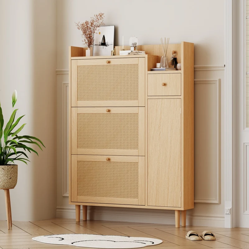 Schuhschrank mit 3 Klappen, 1 Schublade & 4 Fächern, 90 x 125 x 17 cm