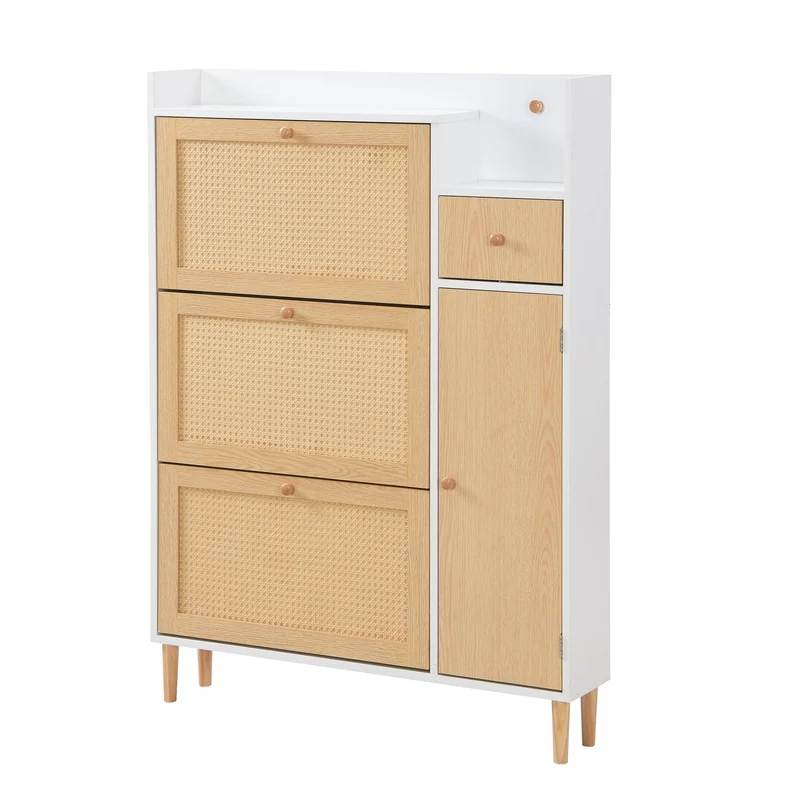 Schuhschrank mit 3 Klappen, 1 Schublade & 4 Fächern, 90 x 125 x 17 cm
