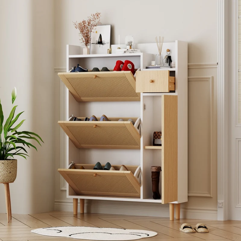 Schuhschrank mit 3 Klappen, 1 Schublade & 4 Fächern, 90 x 125 x 17 cm
