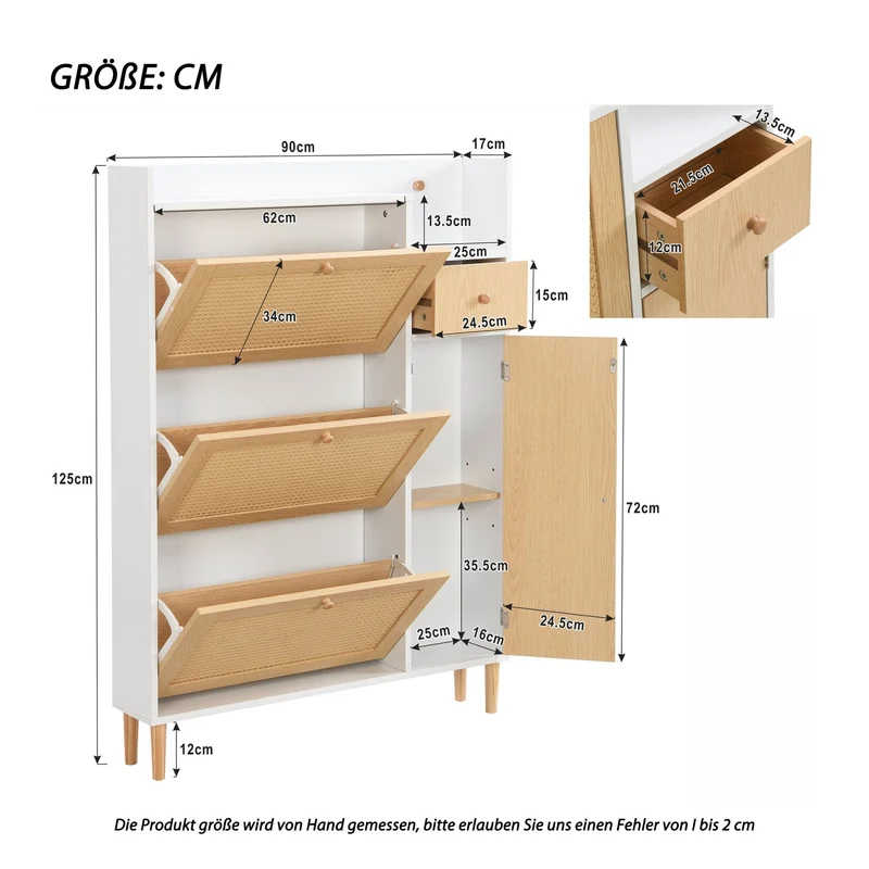 Schuhschrank mit 3 Klappen, 1 Schublade & 4 Fächern, 90 x 125 x 17 cm