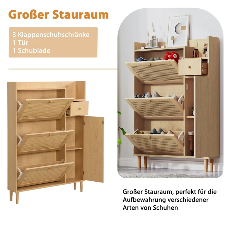 Schuhschrank mit 3 Klappen, 1 Schublade & 4 Fächern, 90 x 125 x 17 cm
