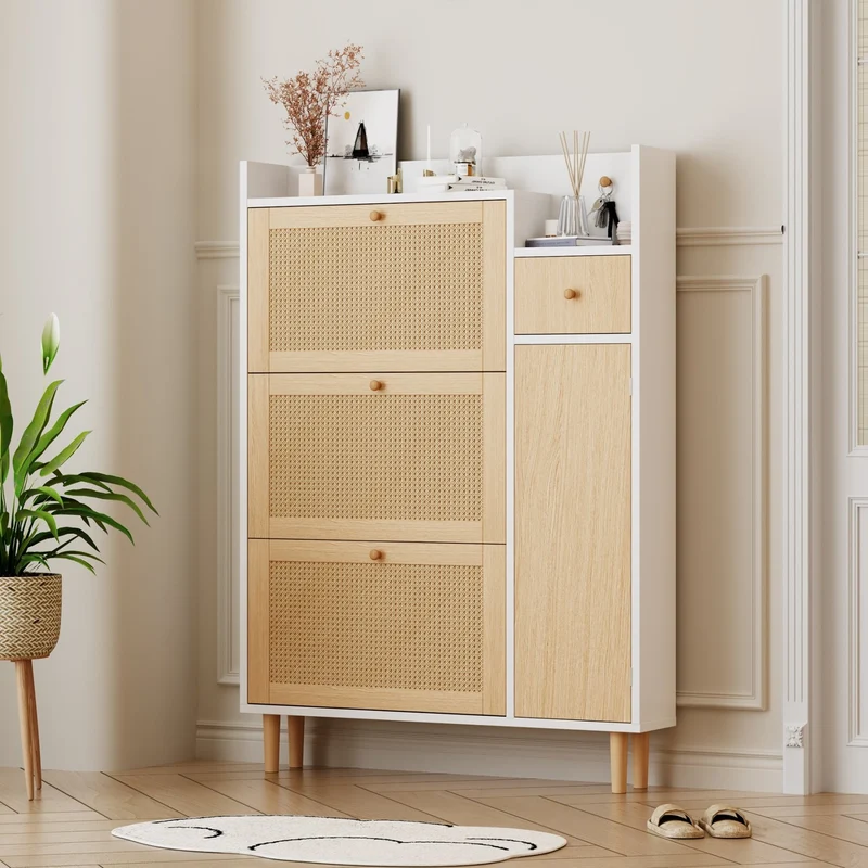 Schuhschrank mit 3 Klappen, 1 Schublade & 4 Fächern, 90 x 125 x 17 cm
