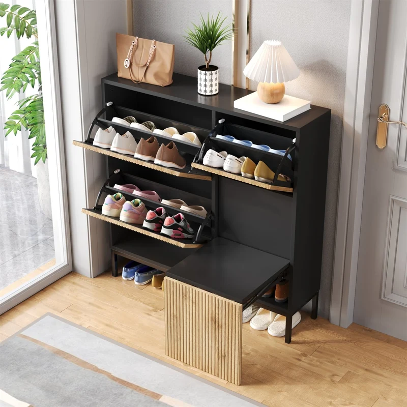 Schuhschrank mit 3 Klappen & Sitzhocker, 100 x 100 x 25 cm