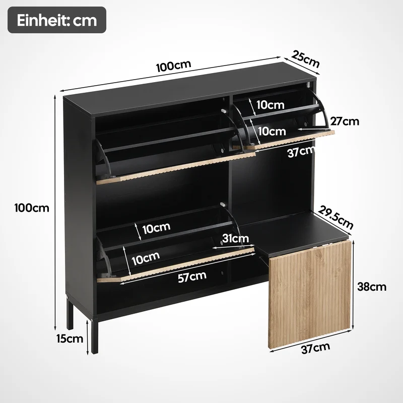 Schuhschrank mit 3 Klappen & Sitzhocker, 100 x 100 x 25 cm