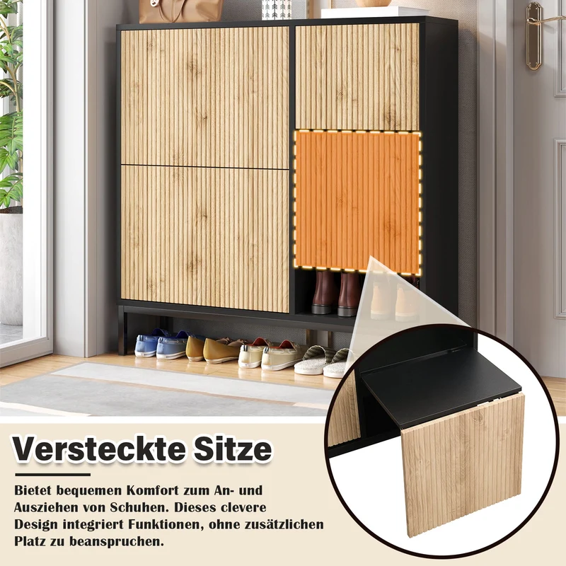 Schuhschrank mit 3 Klappen & Sitzhocker, 100 x 100 x 25 cm