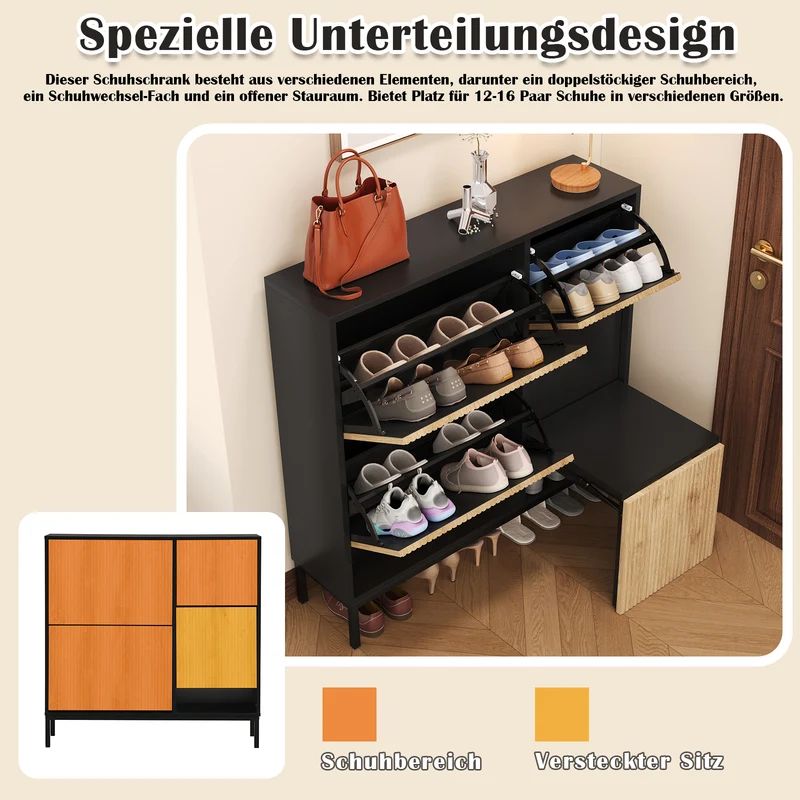 Schuhschrank mit 3 Klappen & Sitzhocker, 100 x 100 x 25 cm