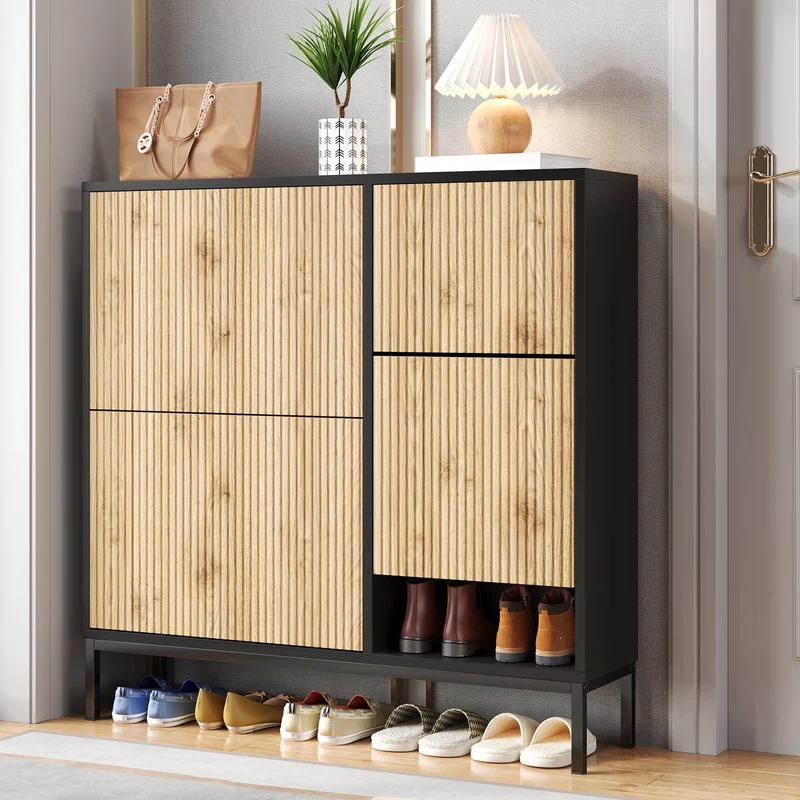 Schuhschrank mit 3 Klappen & Sitzhocker, 100 x 100 x 25 cm