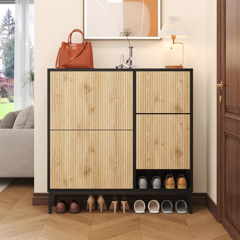 Schuhschrank mit 3 Klappen & Sitzhocker, 100 x 100 x 25 cm