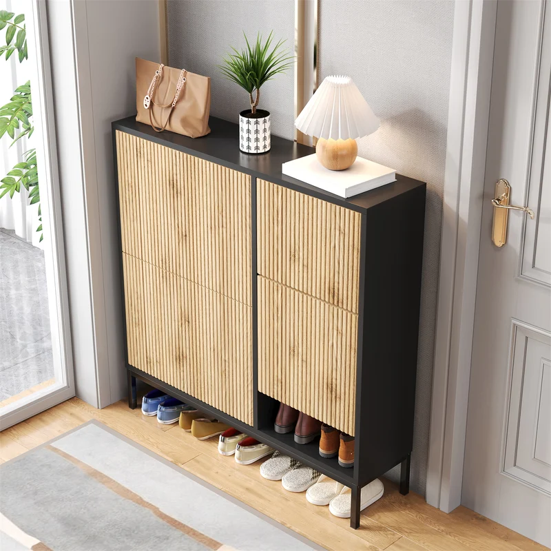 Schuhschrank mit 3 Klappen & Sitzhocker, 100 x 100 x 25 cm