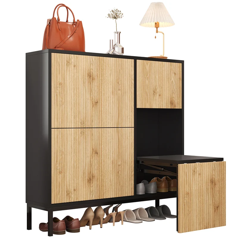 Schuhschrank mit 3 Klappen & Sitzhocker, 100 x 100 x 25 cm