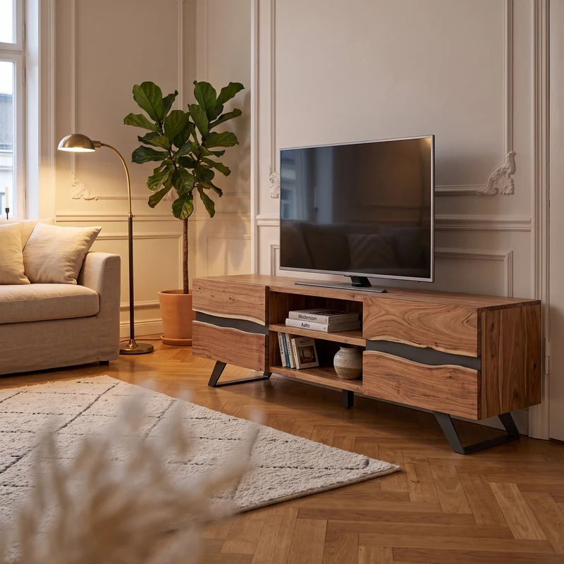 TV-Möbel Aron 190 cm | Akazie massiv, Metalleinlagen, 2 Türen