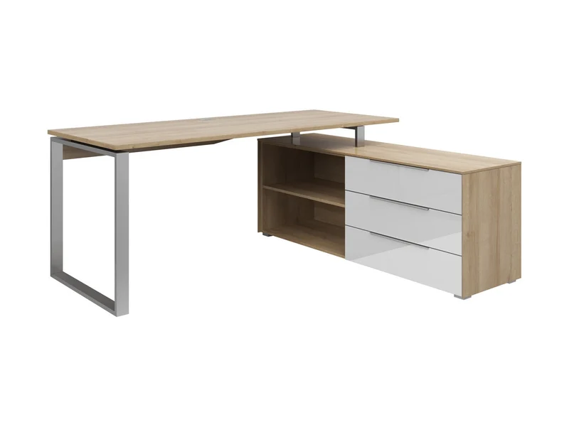 Nevada Corner Desk 184×158.5 cm – 3 Drawers, Cable Hole, UV-Lacquered Top | Riviera Oak & White Glass