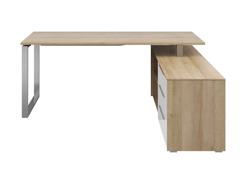 Nevada Corner Desk 184×158.5 cm – 3 Drawers, Cable Hole, UV-Lacquered Top | Riviera Oak & White Glass