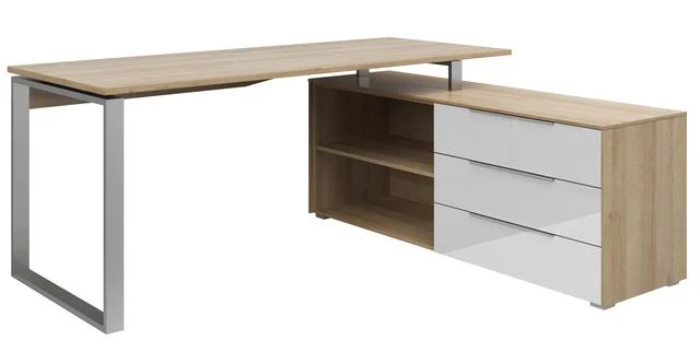 Nevada Corner Desk 184×158.5 cm – 3 Drawers, Cable Hole, UV-Lacquered Top | Riviera Oak & White Glass