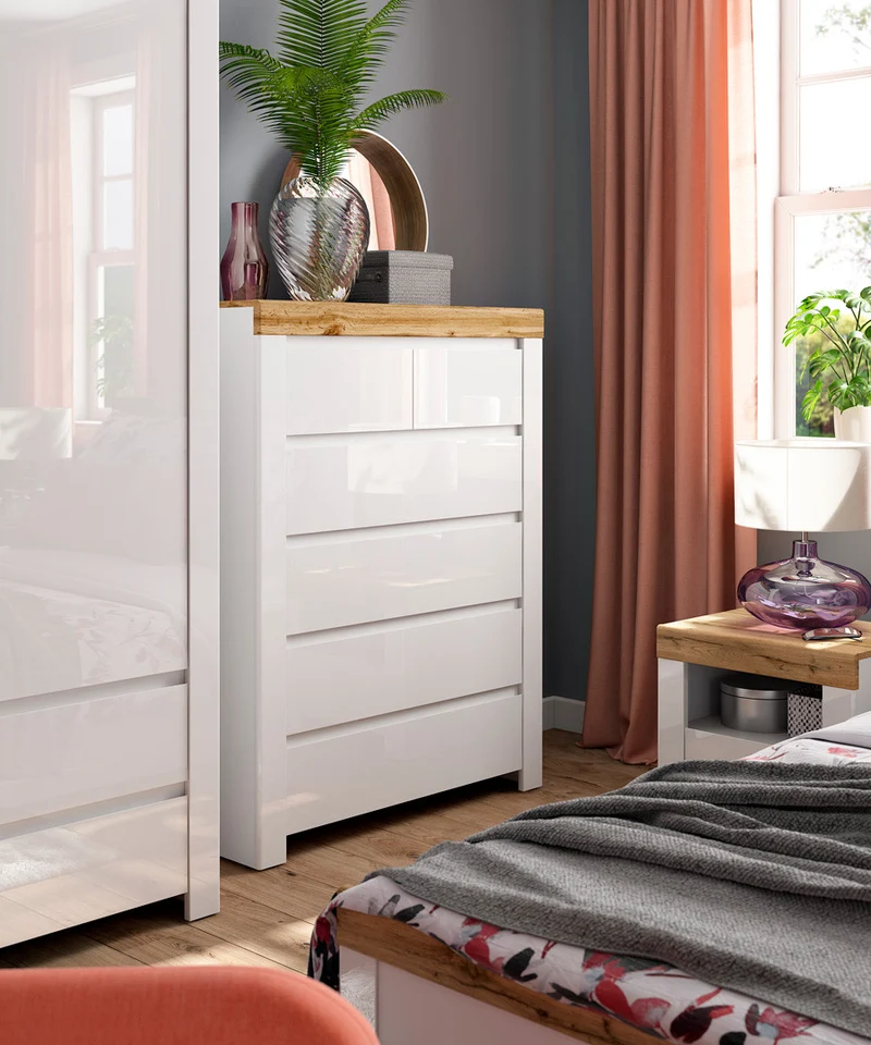 Holten Chest of Drawers 6 Drawers – White / Wotan Oak / White Gloss