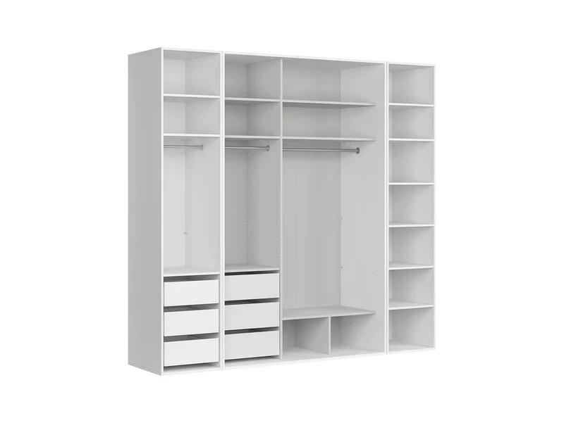 Flex Wardrobe Set 250 cm – White / Mirror, 3-Section with 6 Drawers