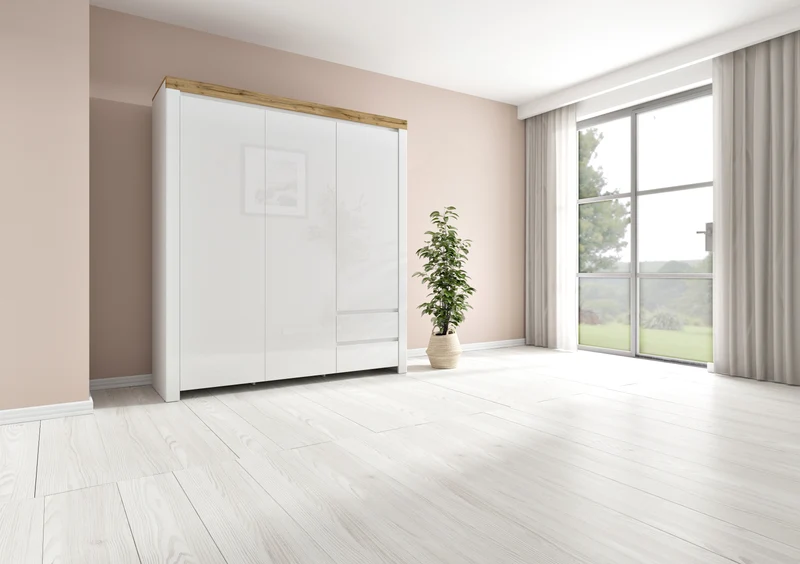 Holten 3-Door Wardrobe with 2 Drawers – White / Wotan Oak / White Gloss