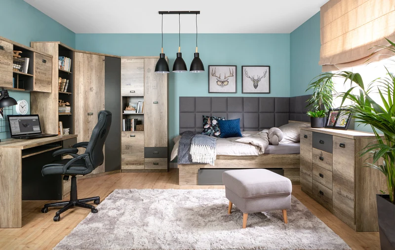 Malcolm Corner Wardrobe – Monument Oak / Tungsten Grey with Print