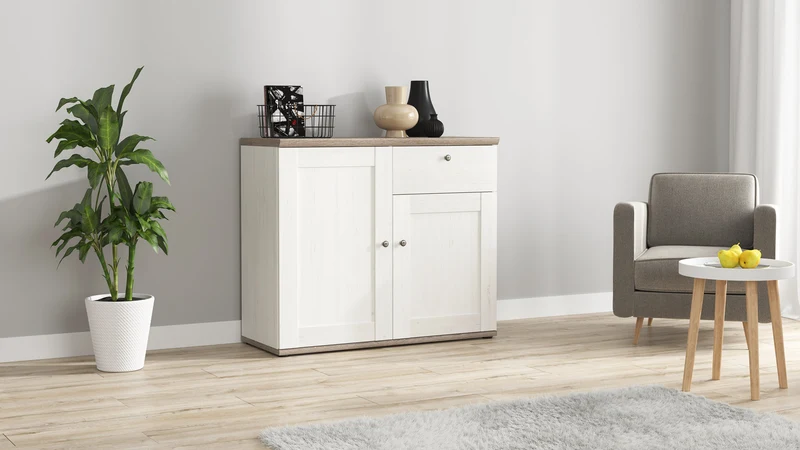 Stockholm Chest of Drawers 103 cm – 2 Doors & 1 Drawer, Andersen Pine White / Dark Sonoma Oak