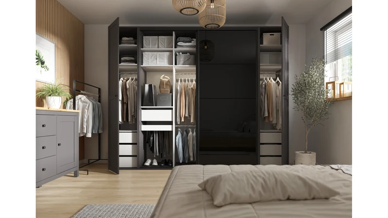 Flex Wardrobe Set 220 cm – 3 Units, Graphite / Black Gloss Sliding Doors